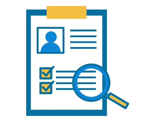 Illustrated image of a clipboard with a magnifying glass hovering over it. Meant as an icon.